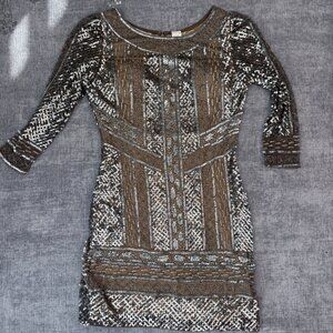 Beaded Sequin Vintage Silver Nude Sheer Mini Dress 3/4 Long Sleeve